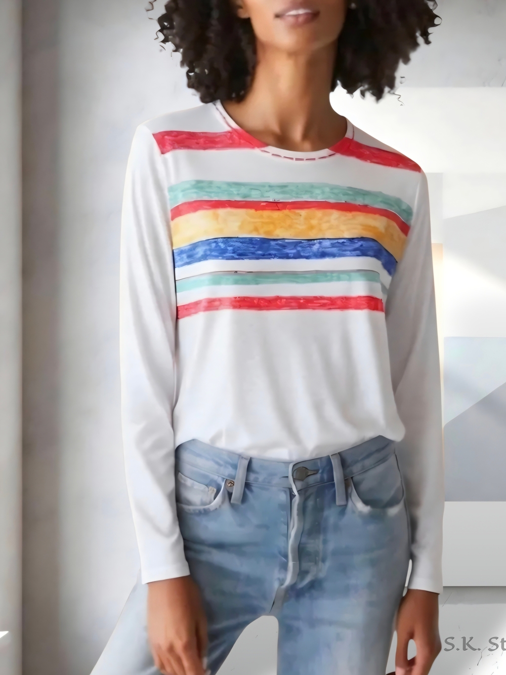 Time and Tru Long Sleeve Top T-shirt White with Multicolor Brush Stokes LARGE